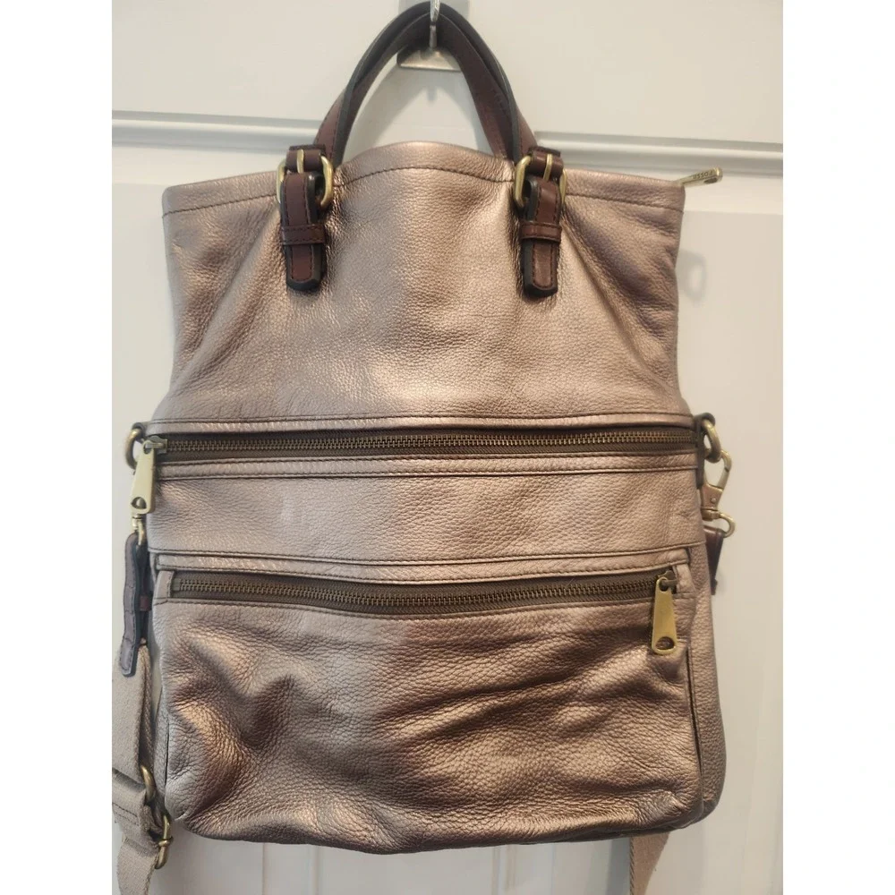Fossil Bronze Metallic Distressed Bronze Explorer‎ Flap Tote Satchel Bag W/Strap
